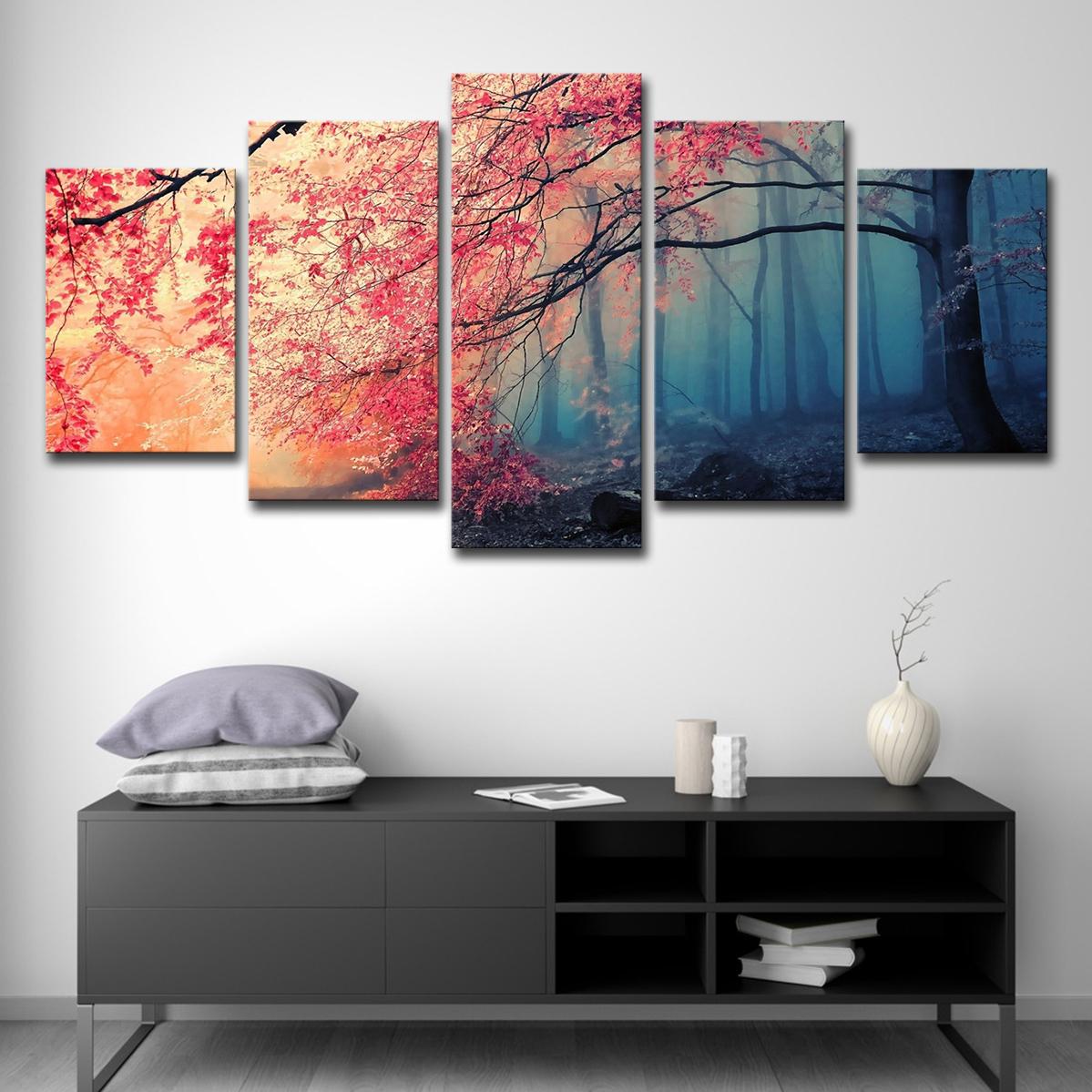 Achat Table De Jardin Nouveau 5 Pcs toile Hd Impressions Affiches Décor  La Maison Mur Art Red Trees forest S 5 Pi¨ces Peintures De Cerisiers Peintures Salon Cadre