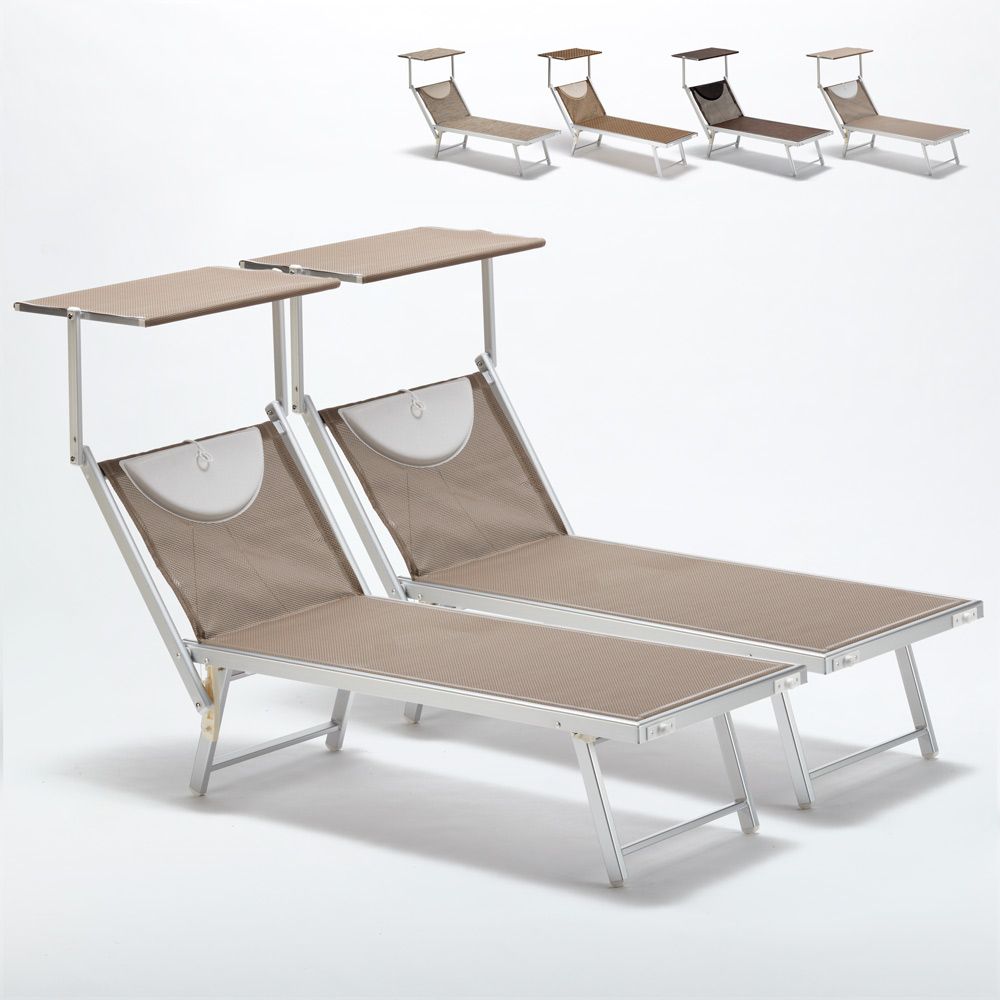 Chaise De Jardin Aluminium Luxe Set 2 Sun Loungers with Head Shade Limited Edition