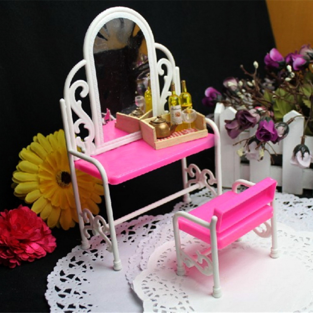 Hot OCDAY 2 pcs ensemble En Plastique Rose Dressing Table et Chaise Fille Poup es Accessoires