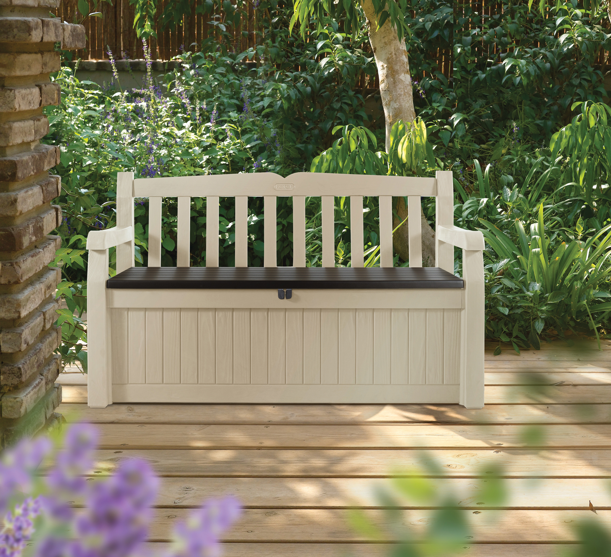 ori banc coffre en resine de jardin beige et marron garden bench bogota 265l 830 2954