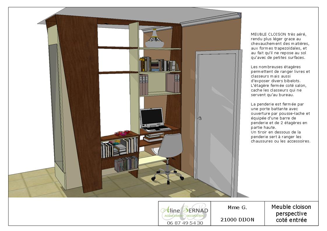 creation dun meuble faisant office de separation entre lentree et le salon et integrant une penderie un coin bureau et une bibliotheque jehy