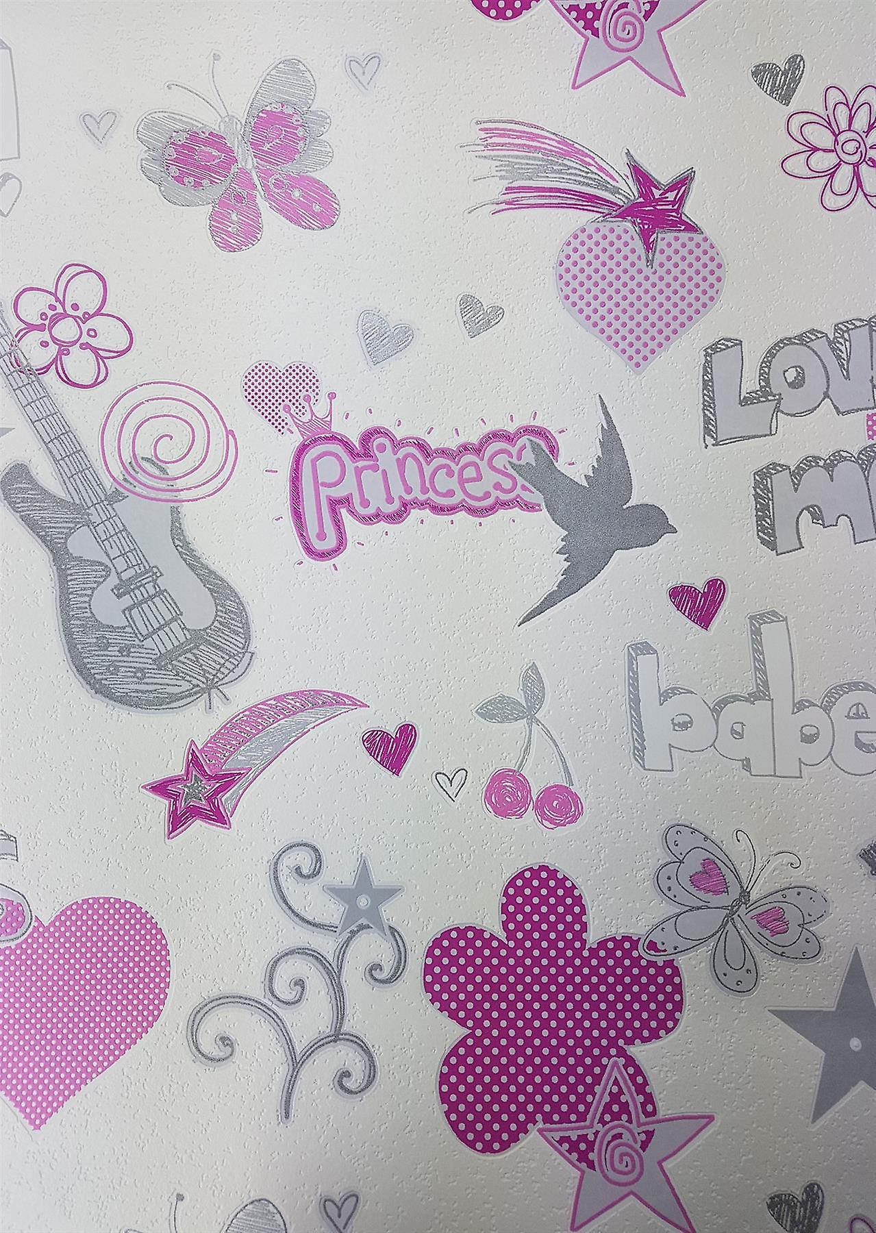 Mobilier De Jardin Haut De Gamme Belgique Élégant Girls Love Hearts Stars butterflies Flowers Wallpaper Pink White Grey Glitter