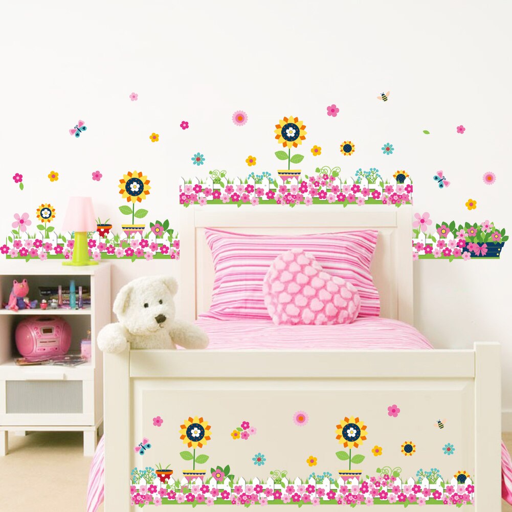Coloré fleurs papillon abeille stickers muraux pour enfants chambres salon plinthe décoration diy murale végétale décalques