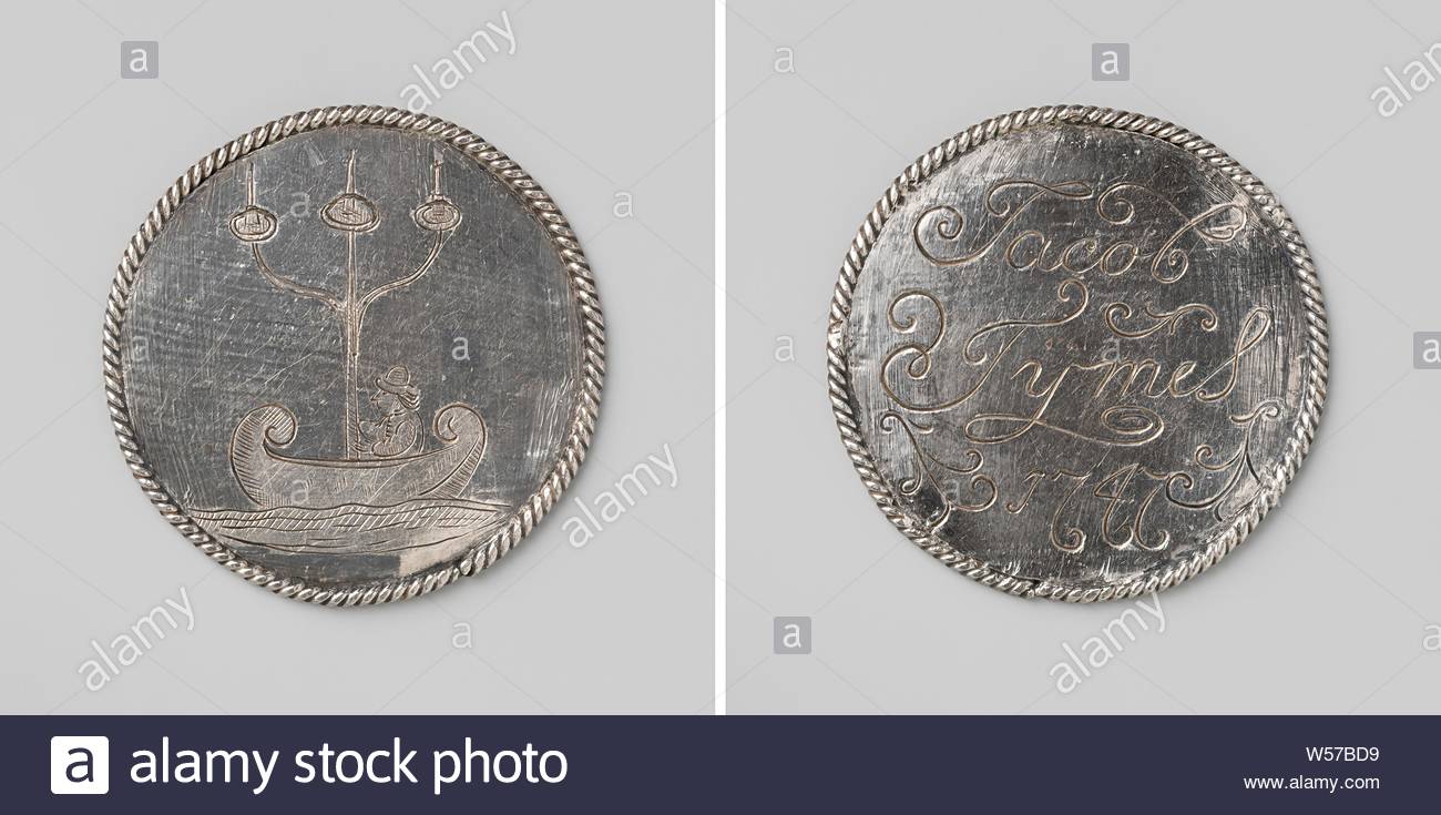 jacob tijmes occasional token from oostzaan silver medal in cable edging front man in a boat with curled front and back stern as a mast standard on which three candles rest reverse inscription oostzaan jacob tijmes anonymous 1747 silver metal engraving d 33 cm w 448 W57BD9