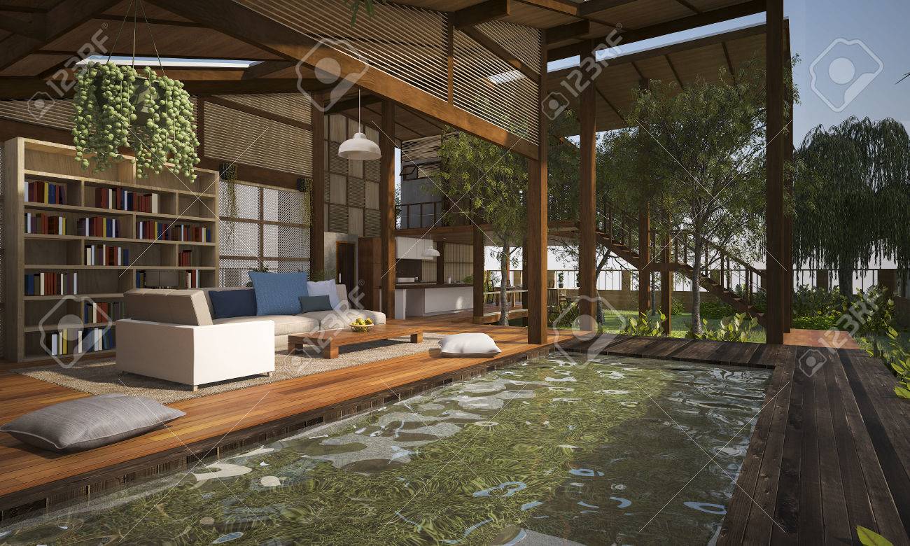 3d rendu séjour terrasse bois contemporain et un salon avec piscine par exemple de bonne position d