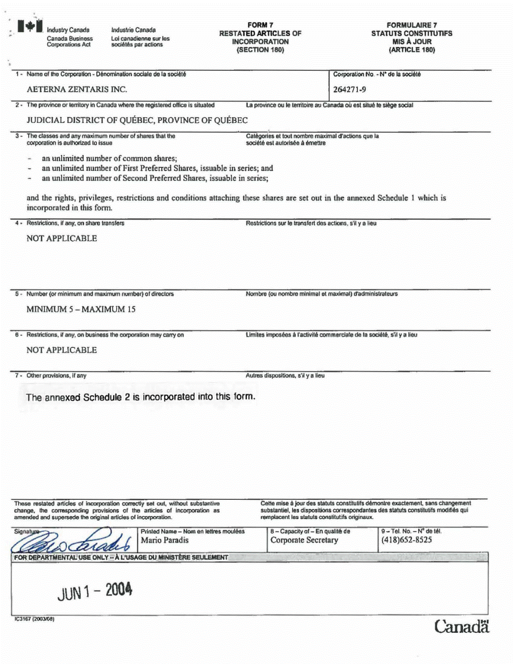 Siege Exterieur Élégant Aeterna Zentaris Inc Registration Statement by foreign