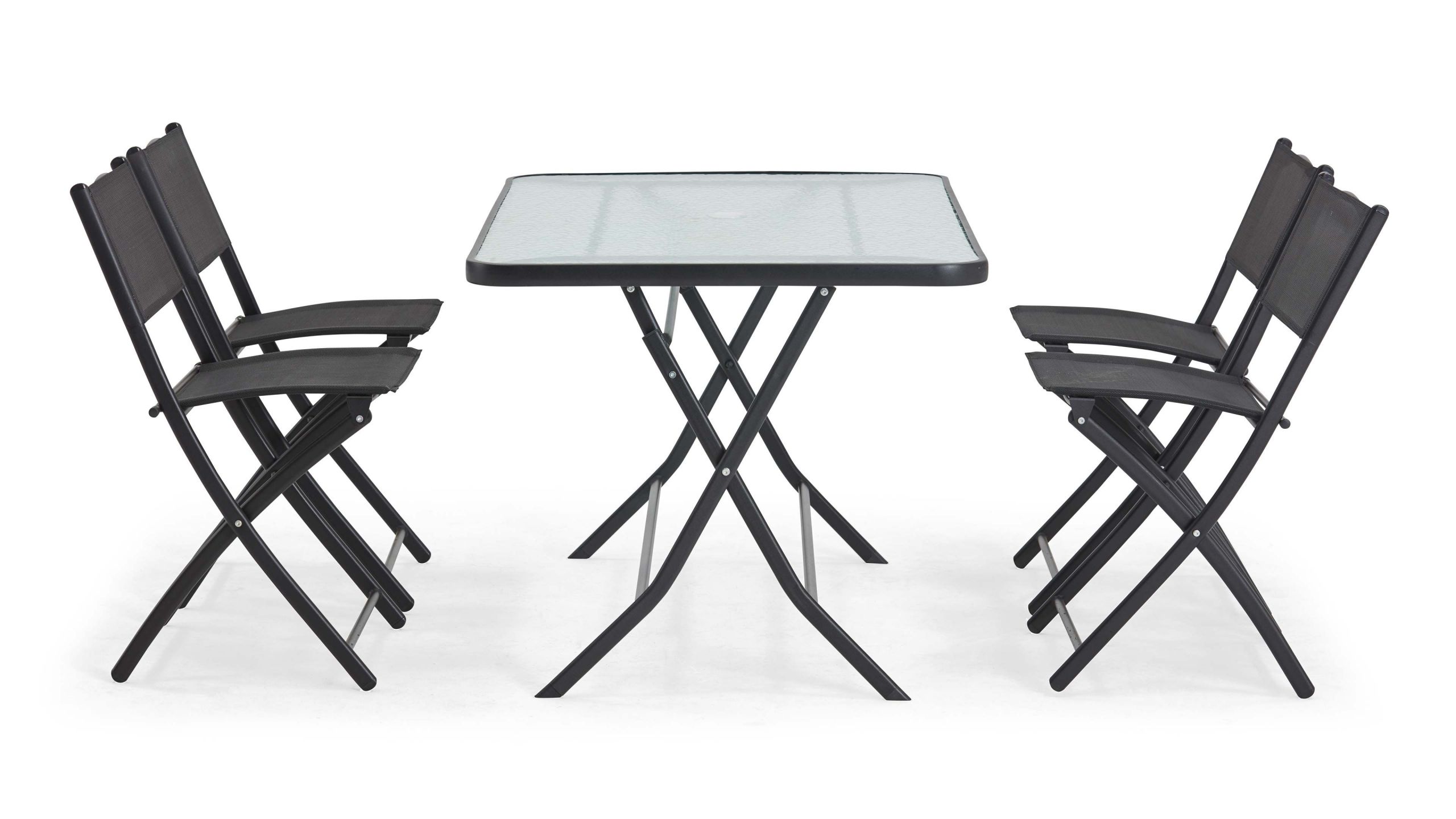 table de jardin et 4 chaises pliantes en acier et verre