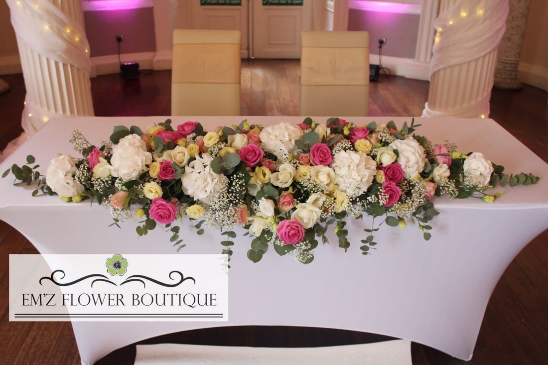Table Eucalyptus Charmant White Pink Wedding Flowers for top Table and Ceremony