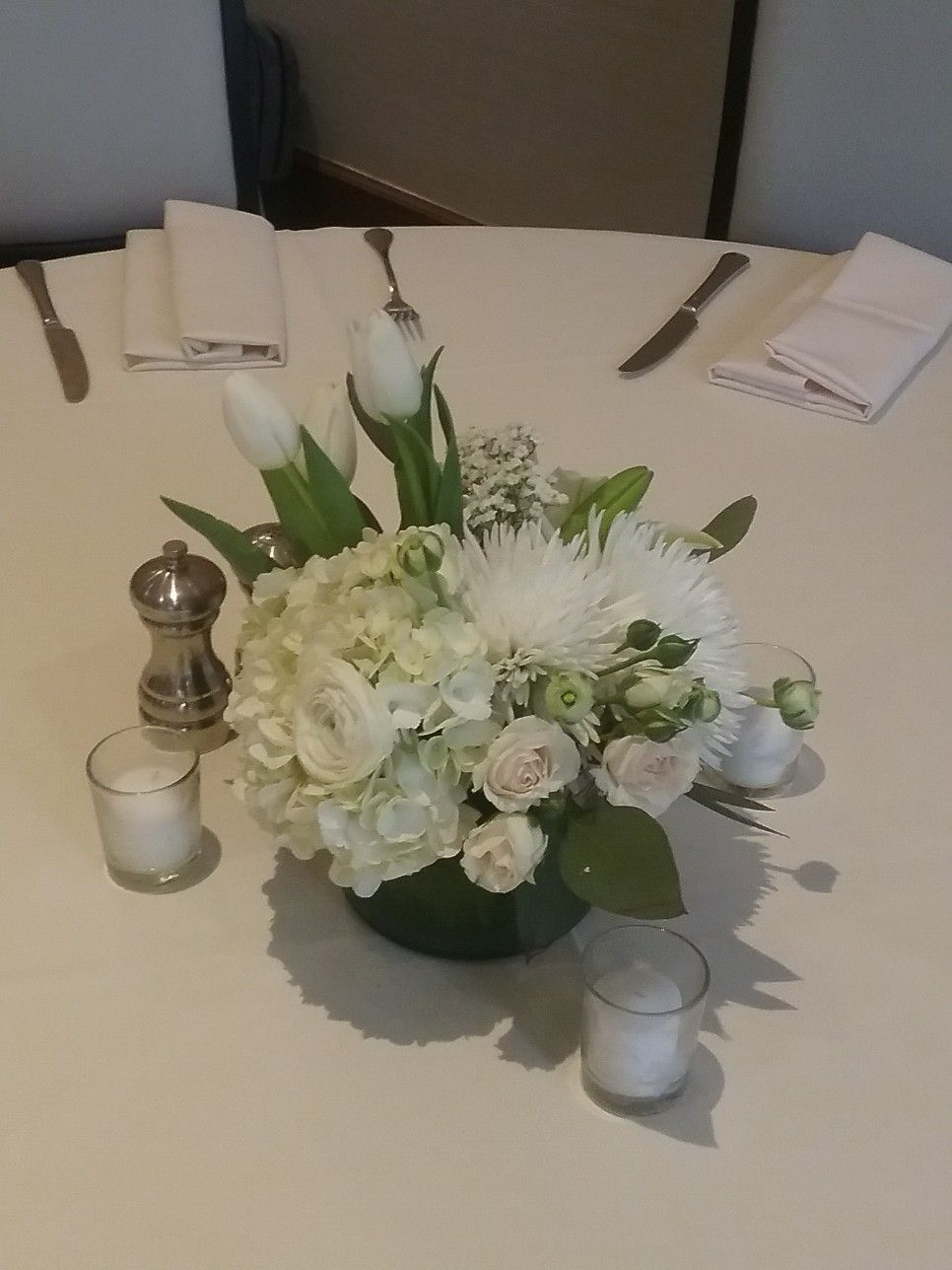 Table Eucalyptus Luxe White Ivory and Blush Spring Centerpiece with Hydrangea