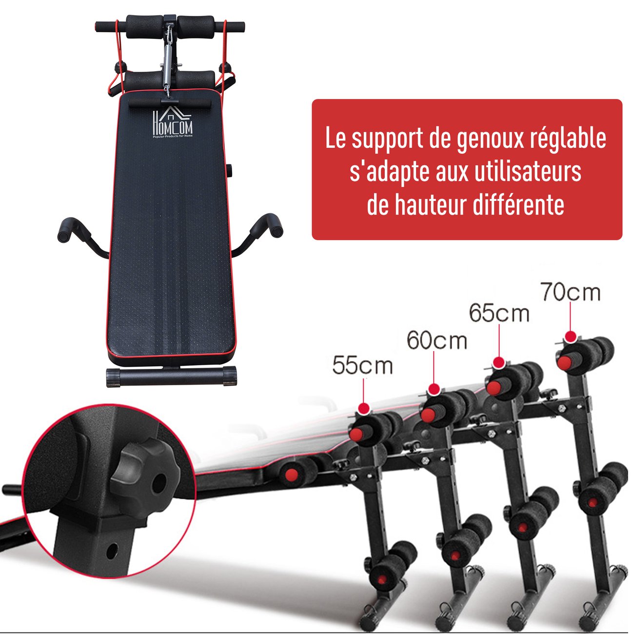 banc de musculation appareil a abdo hauteur reglable 135l x 57l x 50 68h cm 2 bandes de resistances ressort central traction acier noir rouge 5 v2