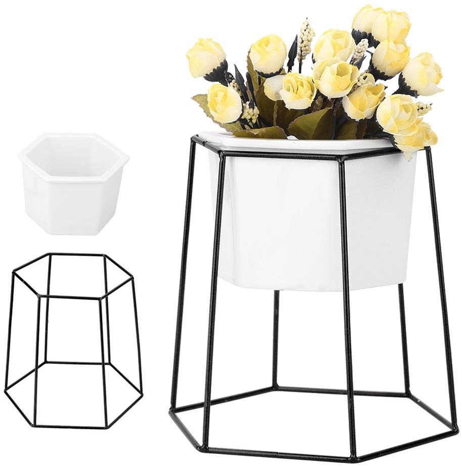 Table Ronde De Jardin En Fer Élégant Support Géométrique De Vase De Fleur En Céramique Pour Les