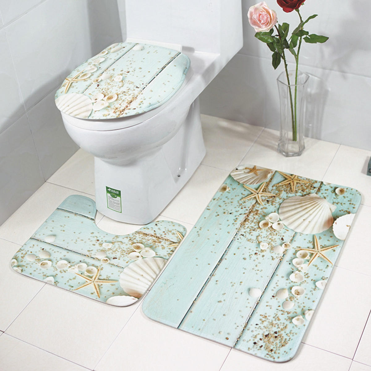 Table Salle De Bain Frais 3 Pcs Couvre Si¨ges De toilette Ensemble De Salle De Bains Flanelle Starfish Shell toilettes Couvercle Antidérapant Tapis Piédestal