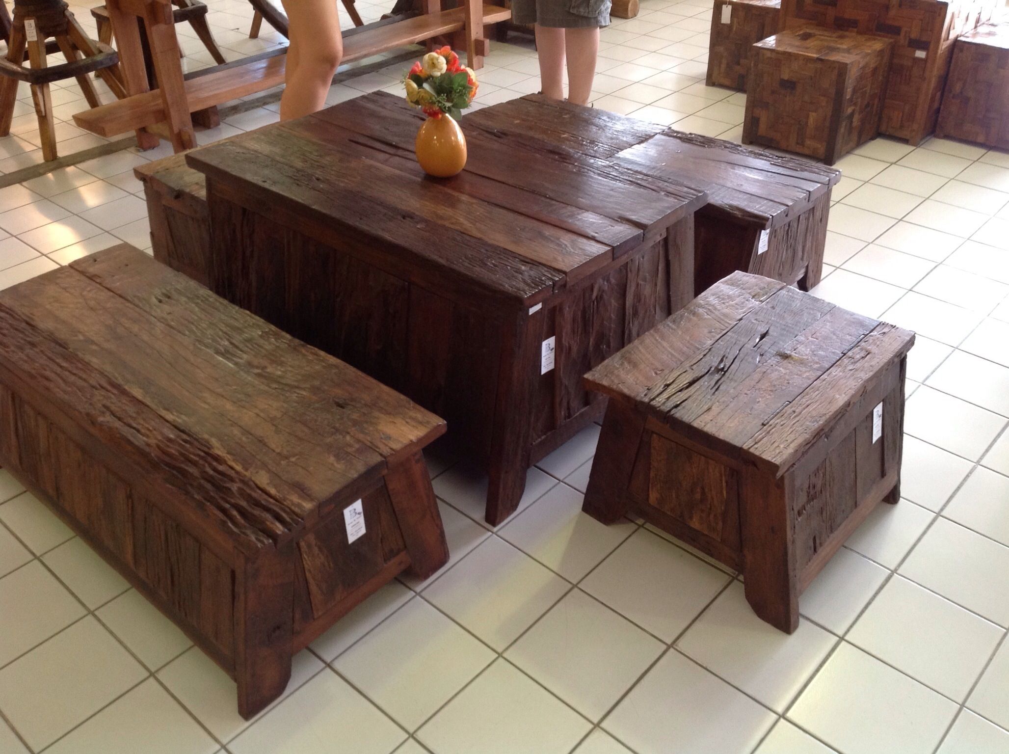 Table Terasse Nouveau Handcrafted Teak Wood Storage Table and Benches From Chiang