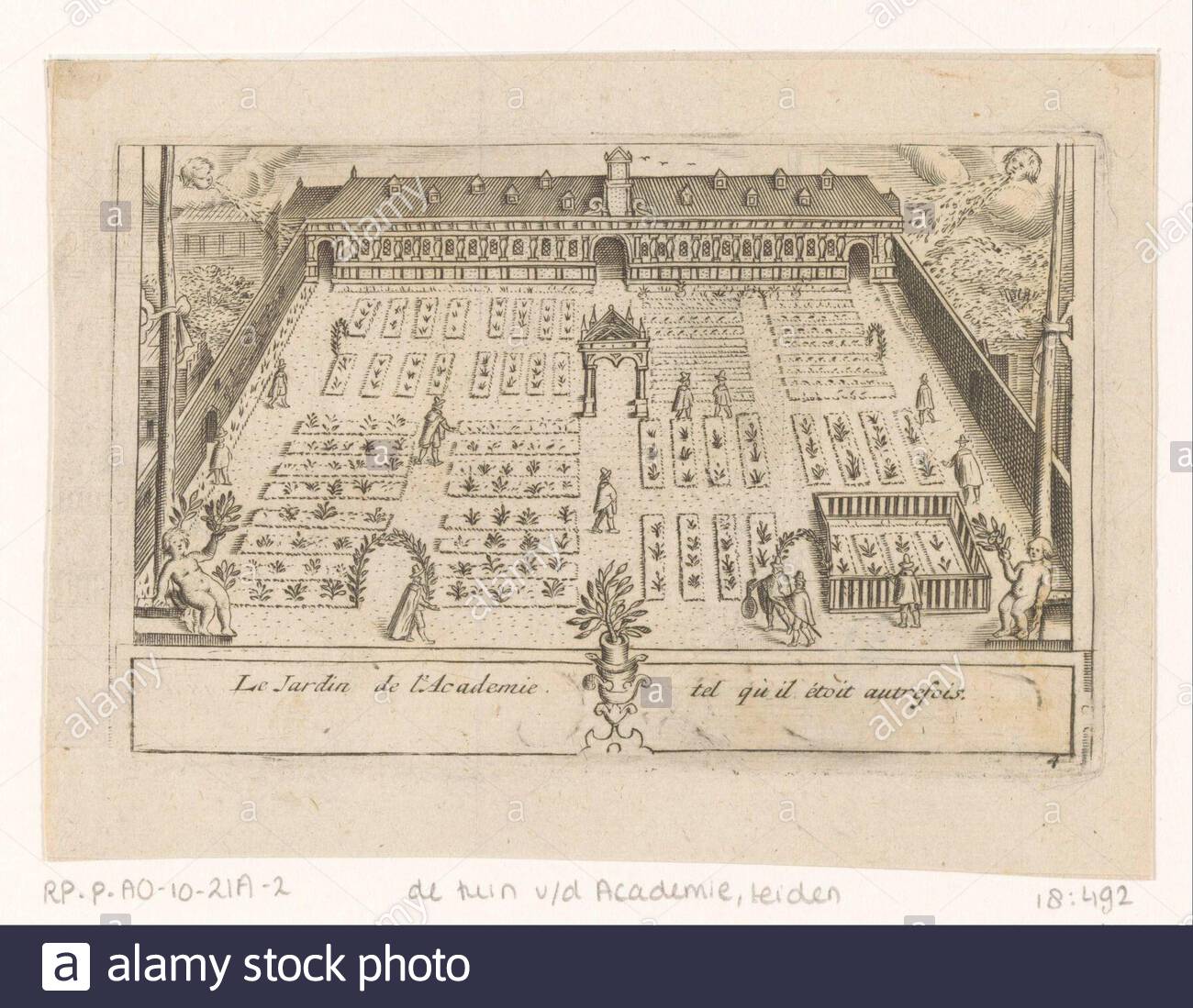 view of the hortus botanicus in leiden located behind the academy building as it looked somewhere after the old tower of the academy building was demolished for 1600 and before the new tower was built in 1670 bottom right numbered 4 manufacturer print maker anonymous publisher pieter van der aa i is possibly place manufacture leiden date 1712 material paper technique engra printing process measurements plate edge h 81 mm w 126 mmtoelichtingprent also used in les delices the leide celebres une des villes de leurope qui contiennent une description the exact son a 2B6PHHX