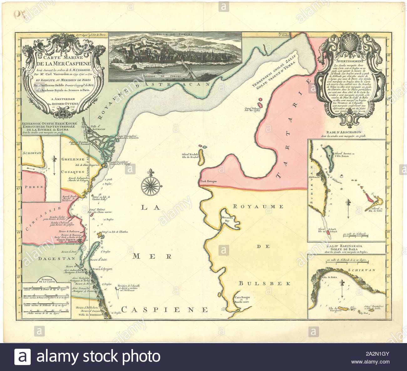 map carte marine de la mer caspiene leve suivant les ordres de sm czariene par mr carl vanverden en 1719 1720 et 1721 et reduite au meri n de paris par guillaume delisle premier geographe du roy guillaume delisle 1675 1726 carl vanverden copperplate print 2A2N1GY