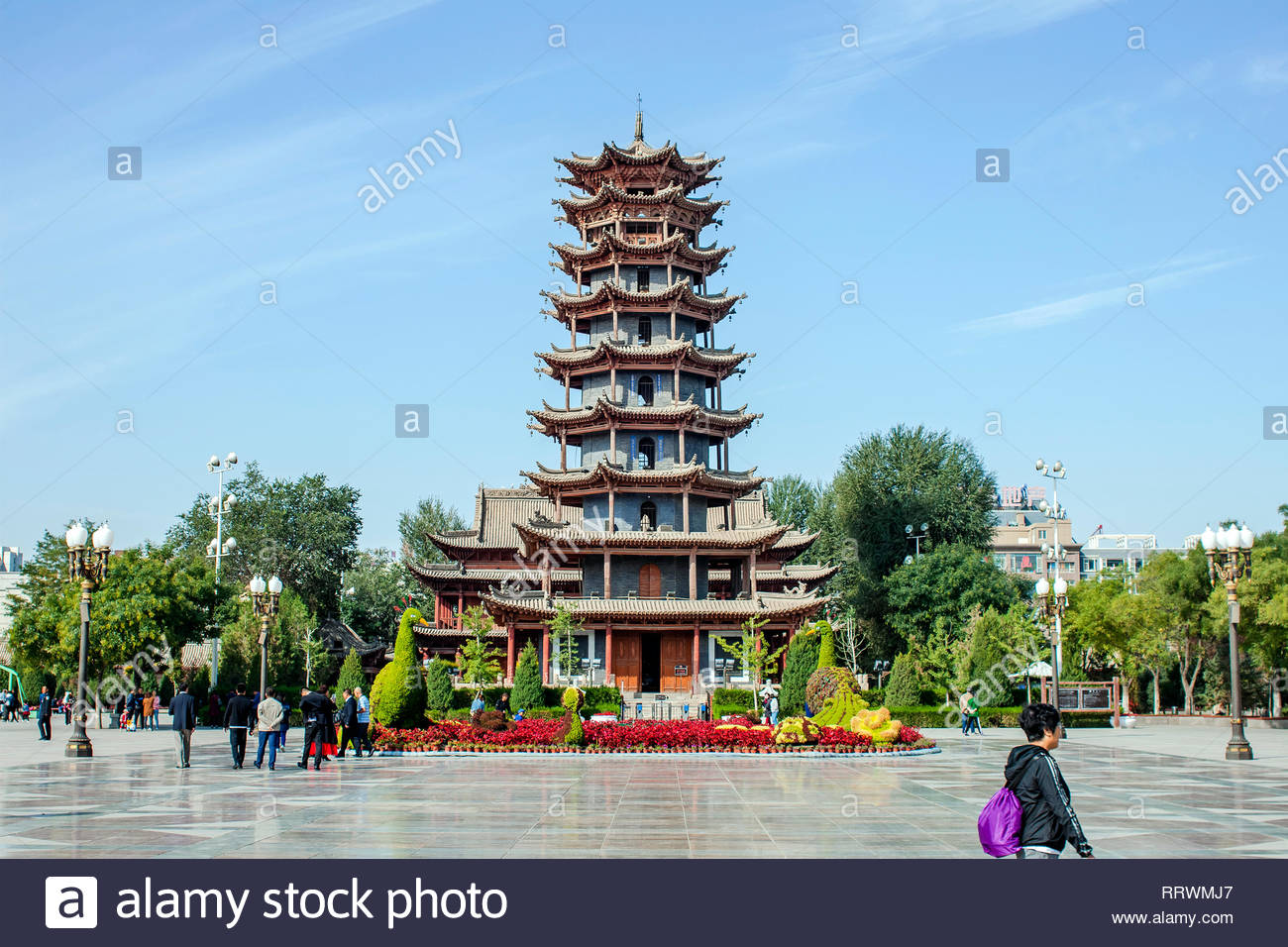 china zhangye september 16 2018 traditional chinese wooden and stone architecture of mu ta si pagoda and central square of the town manjuji RRWMJ7