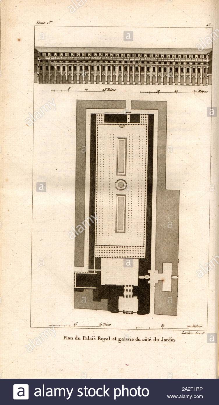 plan of the royal palace and gallery on the side of the garden floor plan and facade palais royal in paris 45 after p 326 p 422 landon direxit j g legrand c p landon description de paris et de ses difices avec un prcis historique et des observations sur le caractre de leur architecture et sur les principaux objets dart et de curiosit quils renferment seconde dition corrige avec soin dans toutes ses parties et considrablement augmente bd 1 paris strasbourg treuttel et wrtz 1818 2A2T1RP