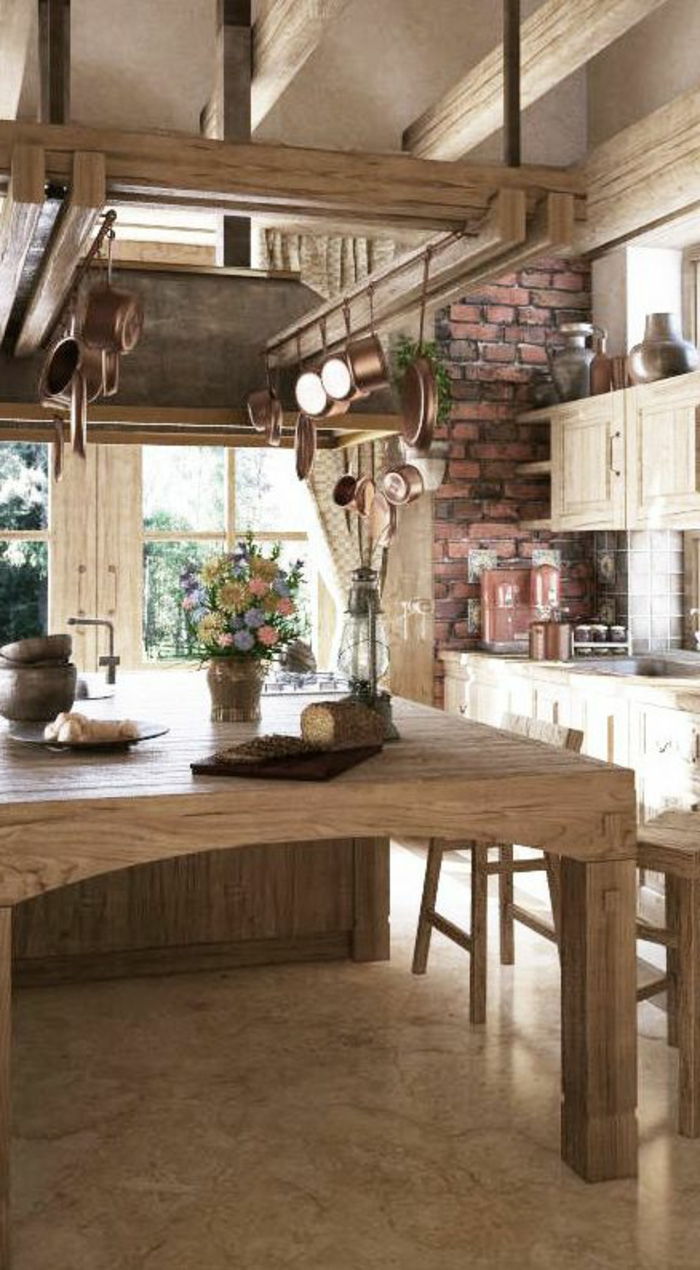 cuisine en bois table en bois mur de briques rouges fleurs sur la table bois massif1