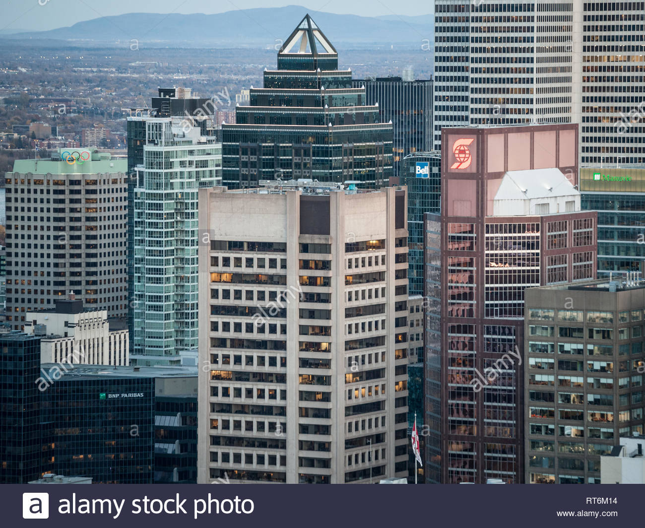 montreal canada november 4 2018 montreal skyline with the scotia tower in front cbd business skyscrapers taken from the mont royal hill montr RT6M14