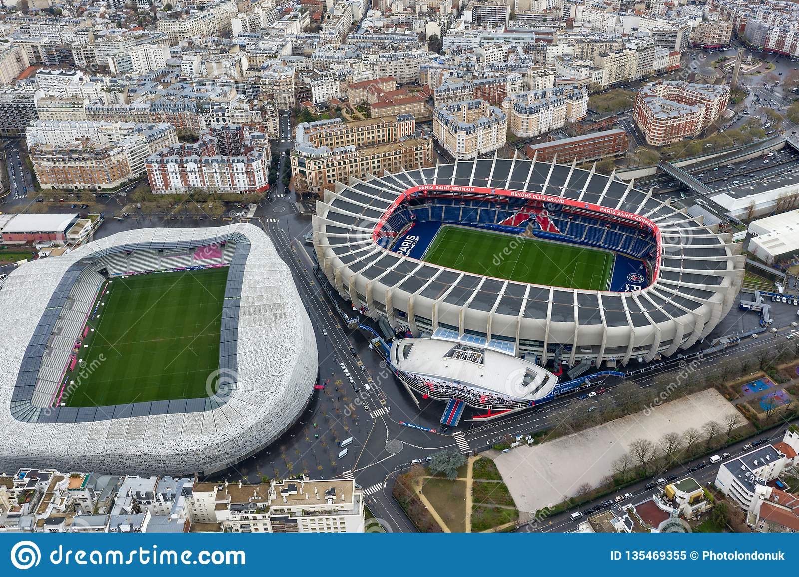 aerial view le parc des princes soccer stade jean bouin rugby stadium december paris france team saint germain home