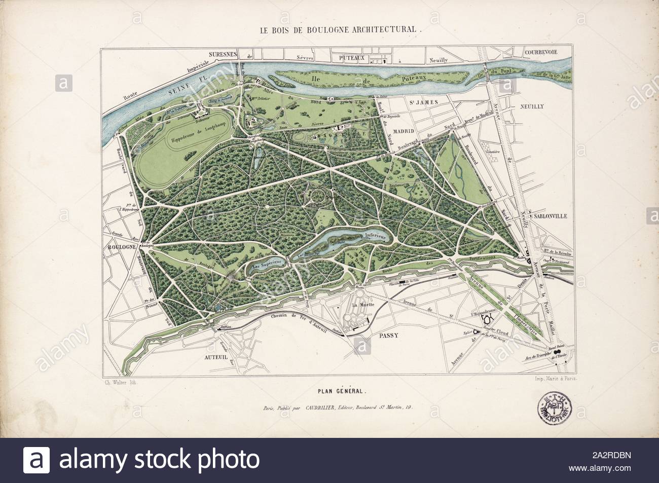 the architectural bois de boulogne general plan plan of the bois de boulogne in paris signed ch walter lith imp marie pl 1 walter ch lith marie imp 1860 th vacquer le bois de boulogne architectural recueil des embellissements excuts dans son enceinte et ses abords paris caudrilier 1860 2A2RDBN