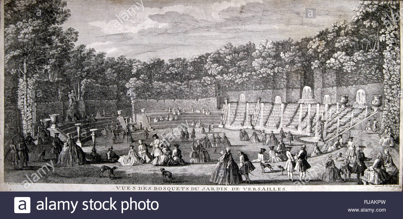 18th century engraved illustration of the chateau de versailles near paris showing the gardens and fountains RJAKPW
