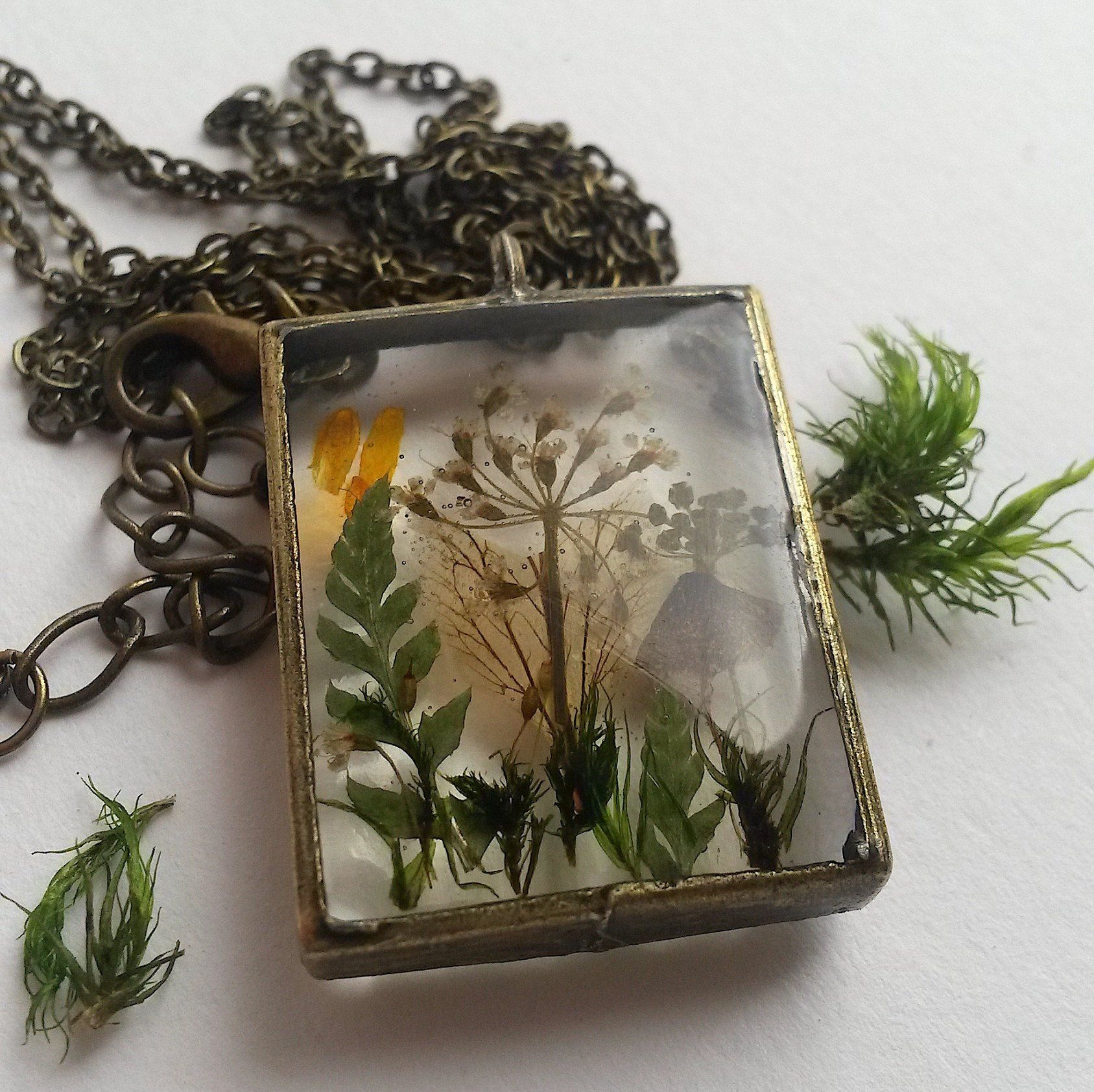 Jardin Ephemere Unique Handmade Necklace with Real Flowers Plants and Mushroom