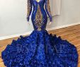 Jardin Royal Génial Royal Blue Mermaid Longues Robes De Bal 2020 Exclusive Dentelle D or Fleurs 3d   Manches Longues Afrique Noire Fille Robe De Bal