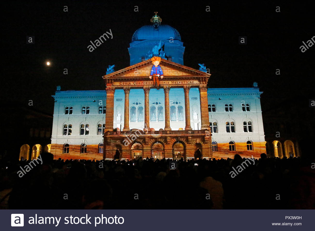 bern 19th oct 2018 photo taken on oct 19 2018 shows the light show rendez vous bundesplatz in front of the swiss parliament building in bern switzerland the annual light show which will last till nov 24 shows the world famous novella the little prince by antoine de saint exupery this year credit ruben sprichxinhuaalamy live news PX3W0H