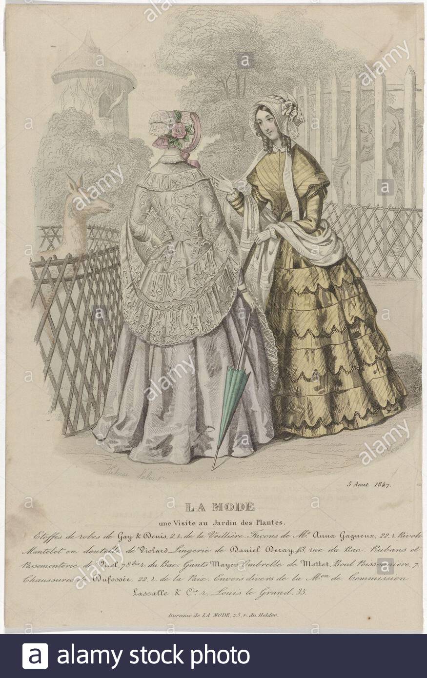 two women visit the botanical garden or zoo le jardin des plantes in paris according to the caption fabrics of dresses denis performed in the manner of anna gagueux mantelet small tippet in side violard here are some rules text advertising for various products print out the fashion magazine la mode 1829 1855 manufacturer printmaker florensa the closmenil listed property to drawing heloise leloir colin listed property place manufacture paris date 1847 physical features engra hand colored material paper technique engra printing process hand color measurement 2B