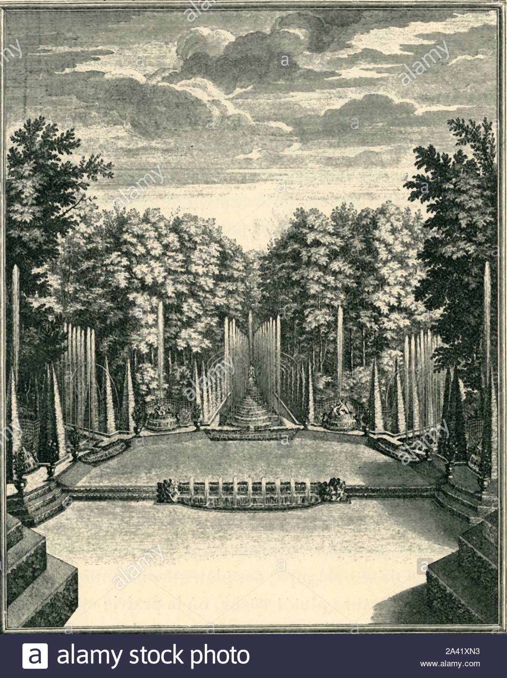 the bosquet du thxe9xe2tre deau in the gardens at versailles france 1903 le thxe9atre deau dans les jardins de versailles this water theatre one of many groves or bosquets at versailles was created between 1671 and 1674 by andrxe9 le nxf4tre it consisted of an auditorium with three tiers of turf seating facing a stage decorated with four fountains alternating with three radiating cascades from quotla revue de lart ancien et modernequot volume xiv july december 1903 paris 1903 2A41XN3