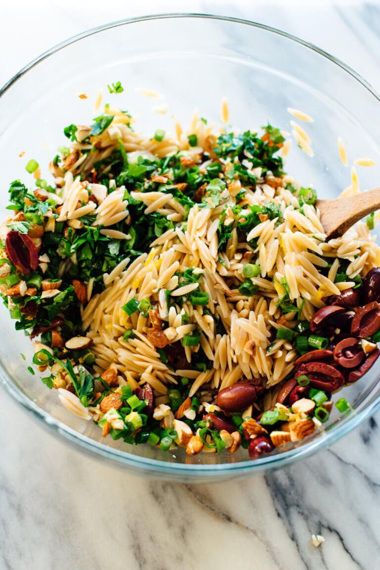 Le Jardin Des Pates Beau orange orzo Salad with Almonds Feta and Olives