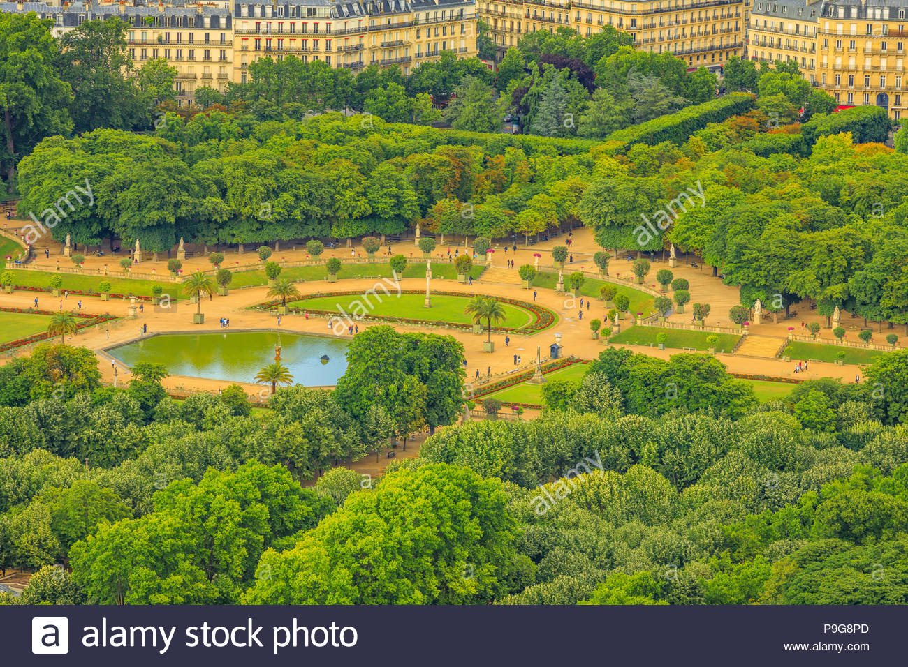 closeup of le jardin du luxembourg gardens from panoramic terrace of tour montparnasse aerial view of paris urban public park and french style gardens of residence palace of the senate president P9G8PD