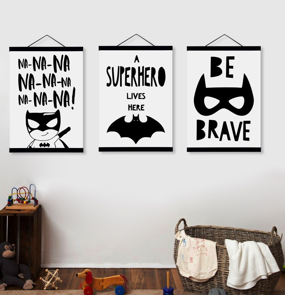 Kawaii Black and White Batman Posters Nordic Style Kids font b Room b font Decor Quotes