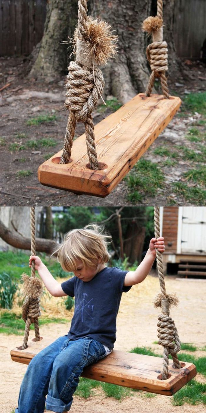 idee jardin ment faire un balan C3 A7oire en planche de bois et corde enfant jeans t shirt bleu