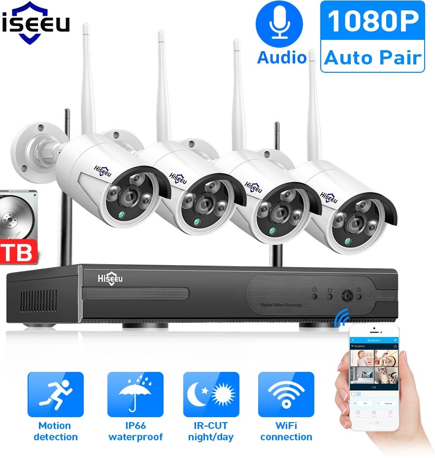 Hiseeu 8CH Wireless CCTV System 1080P 1TB 4pcs 2MP NVR IP IR CUT outdoor CCTV Camera