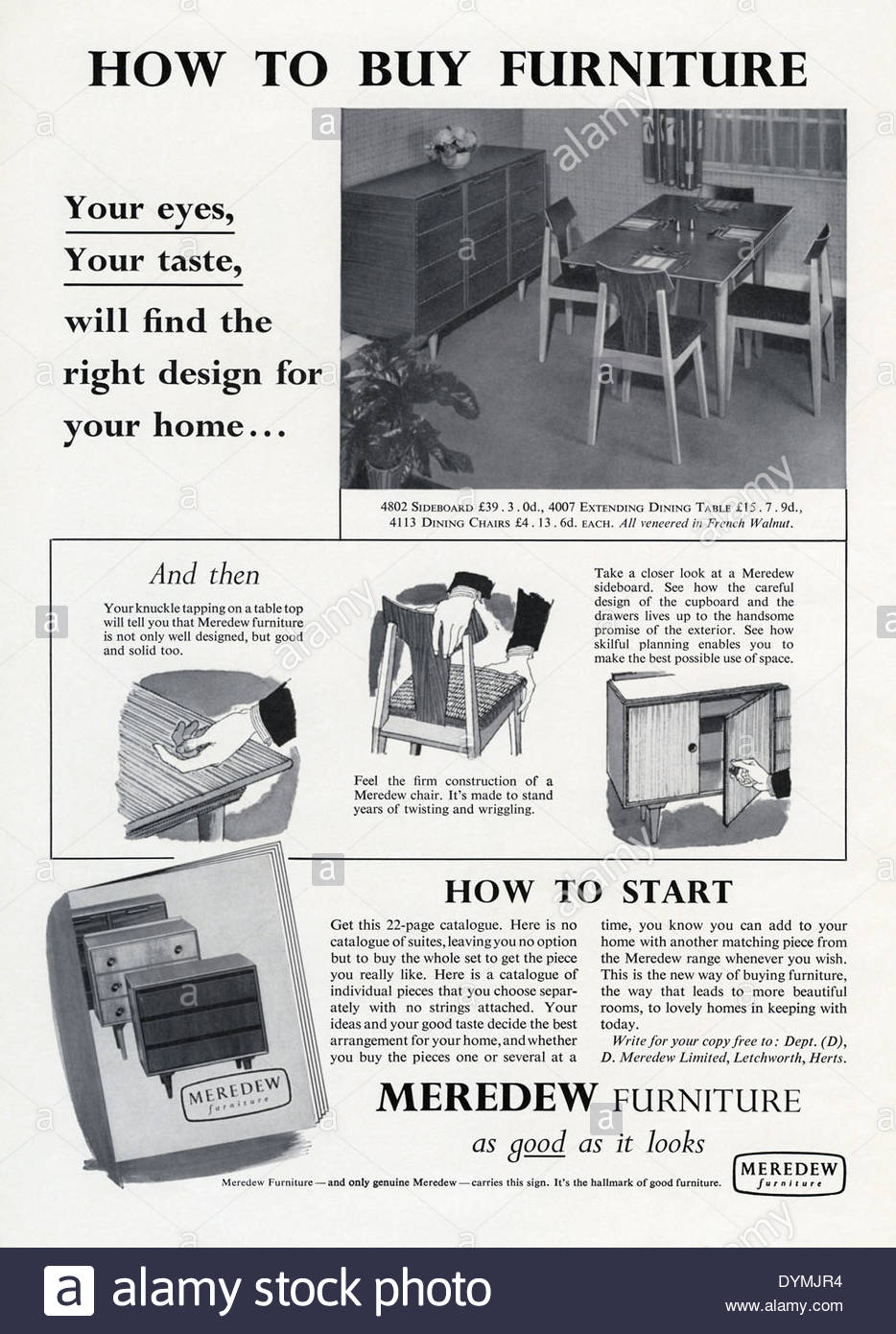 ancienne publicite pour meredrew meubles de salle a manger prenant une table des chaises et un bahut l annonce a paru dans un magazine en 1956 dymjr4