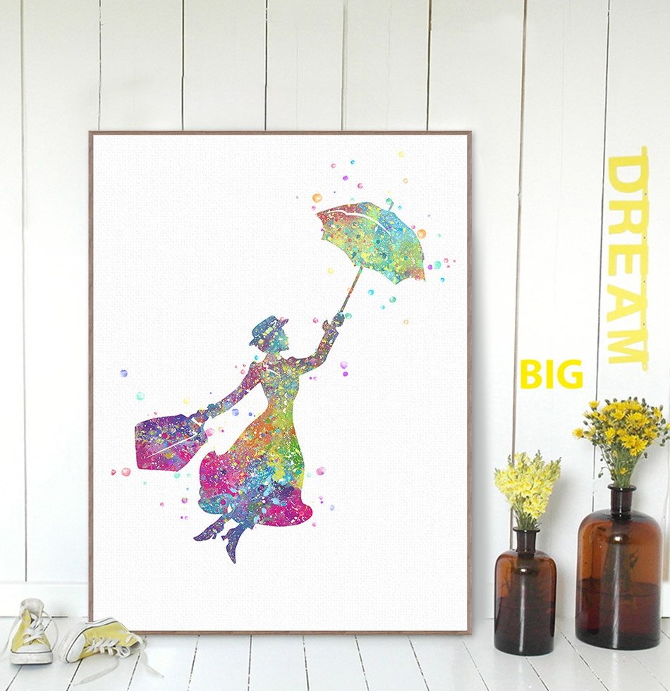Watercolor Mary Poppins Poster Pop Fantasy Movie Flying Wall Picture Canvas Kids font b Room b