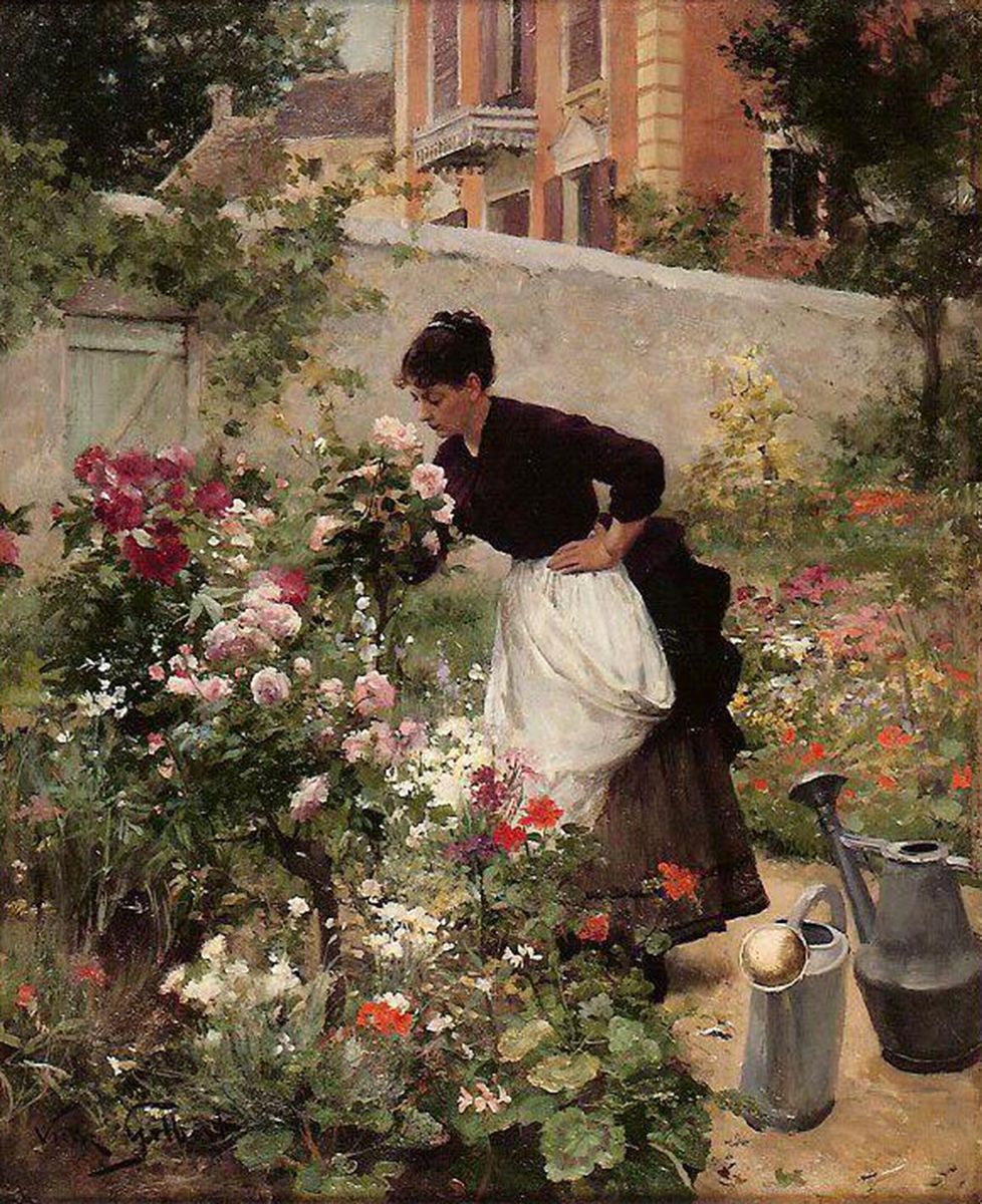 Victor Gilbert Jeune femme dans le jardin fleuri