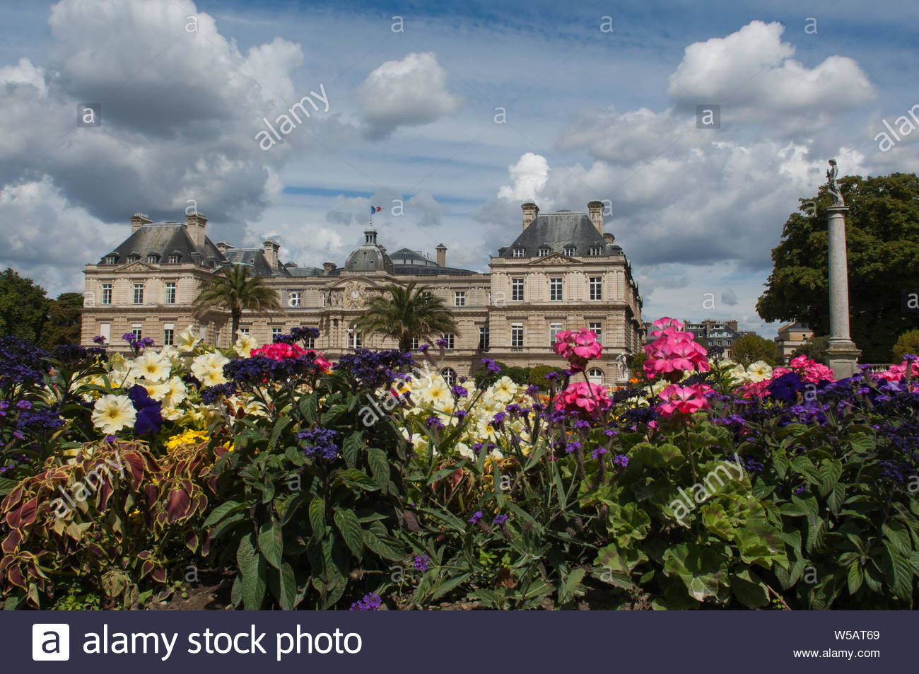 the luxembourg palace in the jardin du luxembourg or luxembourg gardens in paris france view of flower bed in front of palace and main facade in the W5AT69