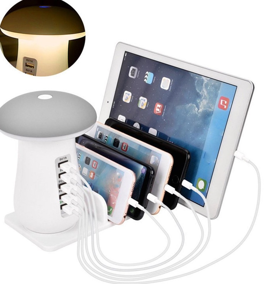 USB 3 0 Quick Desk Charger LED Mushroom Night Light 5 Port Travel Charger Fast Charger
