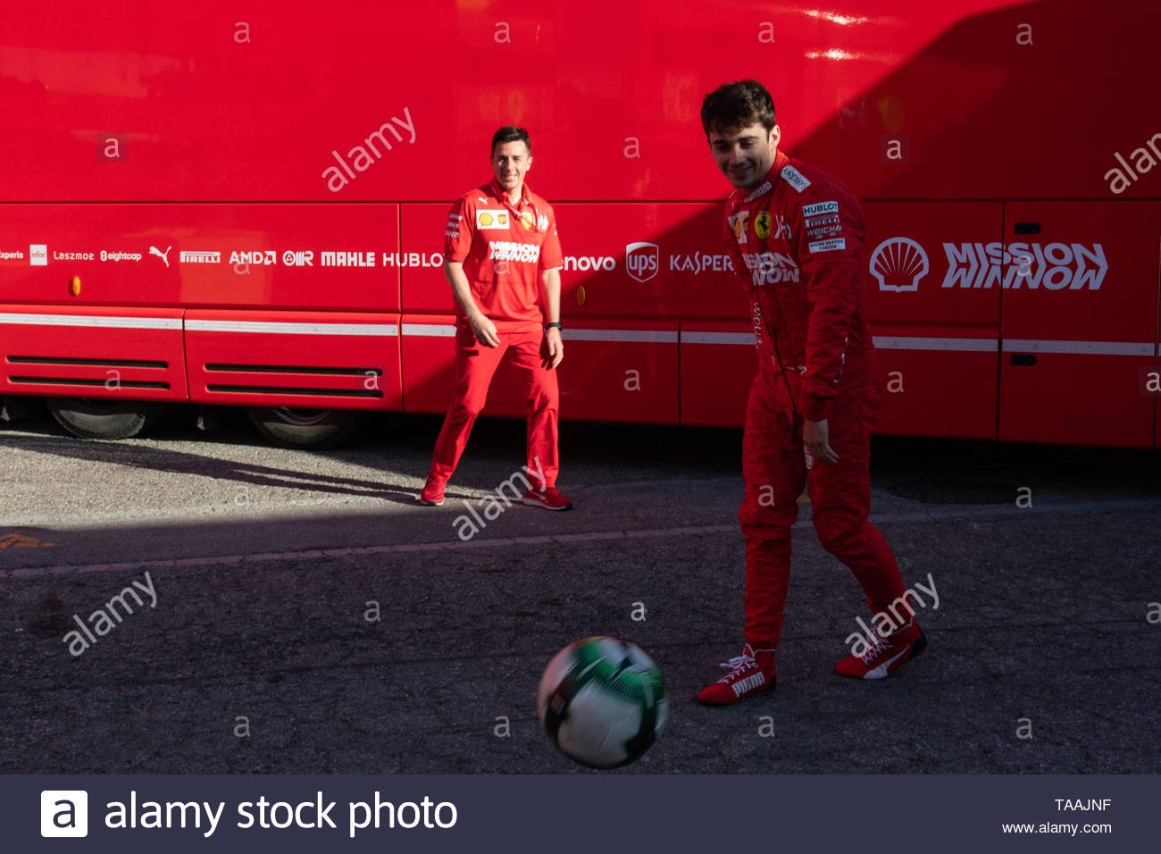 barcelona spain may 15th 2019 charles leclerc of team scuderia ferrari playing football in paddock at f1 2019 test at circuit de catalunya TAAJNF