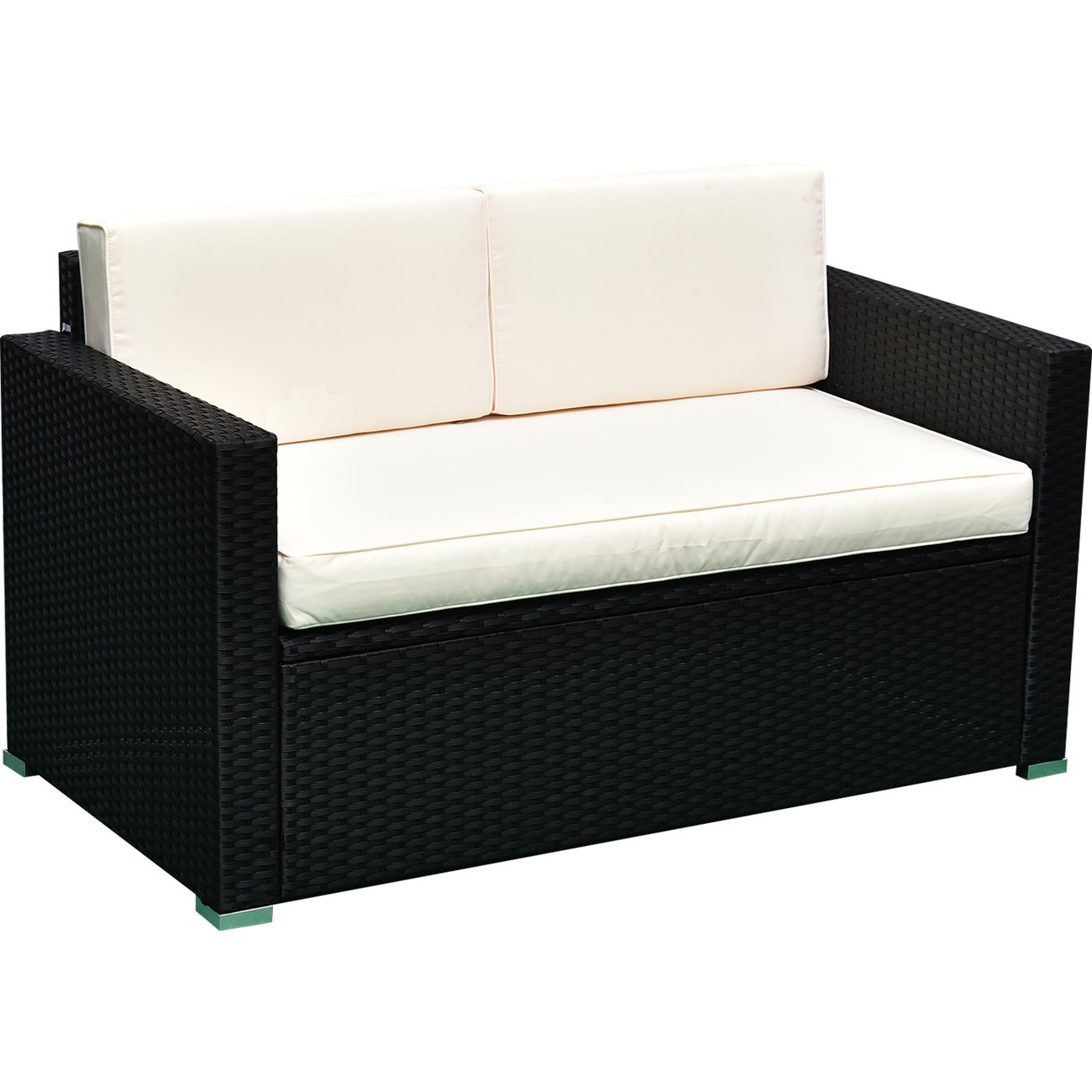 ensemble salon de jardin 4 places grand confort table basse plateau verre trempe resine tressee noir coussins creme 5 v2