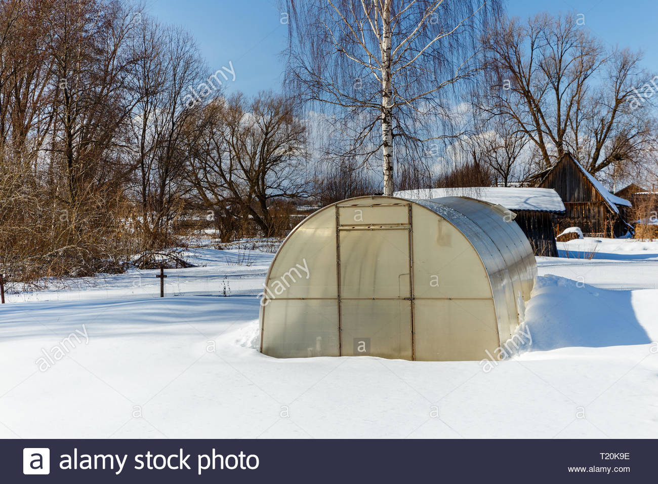 small greenhouse with a metal frame covered with polycarbonate in a winter garden greenhouse in winter T20K9E