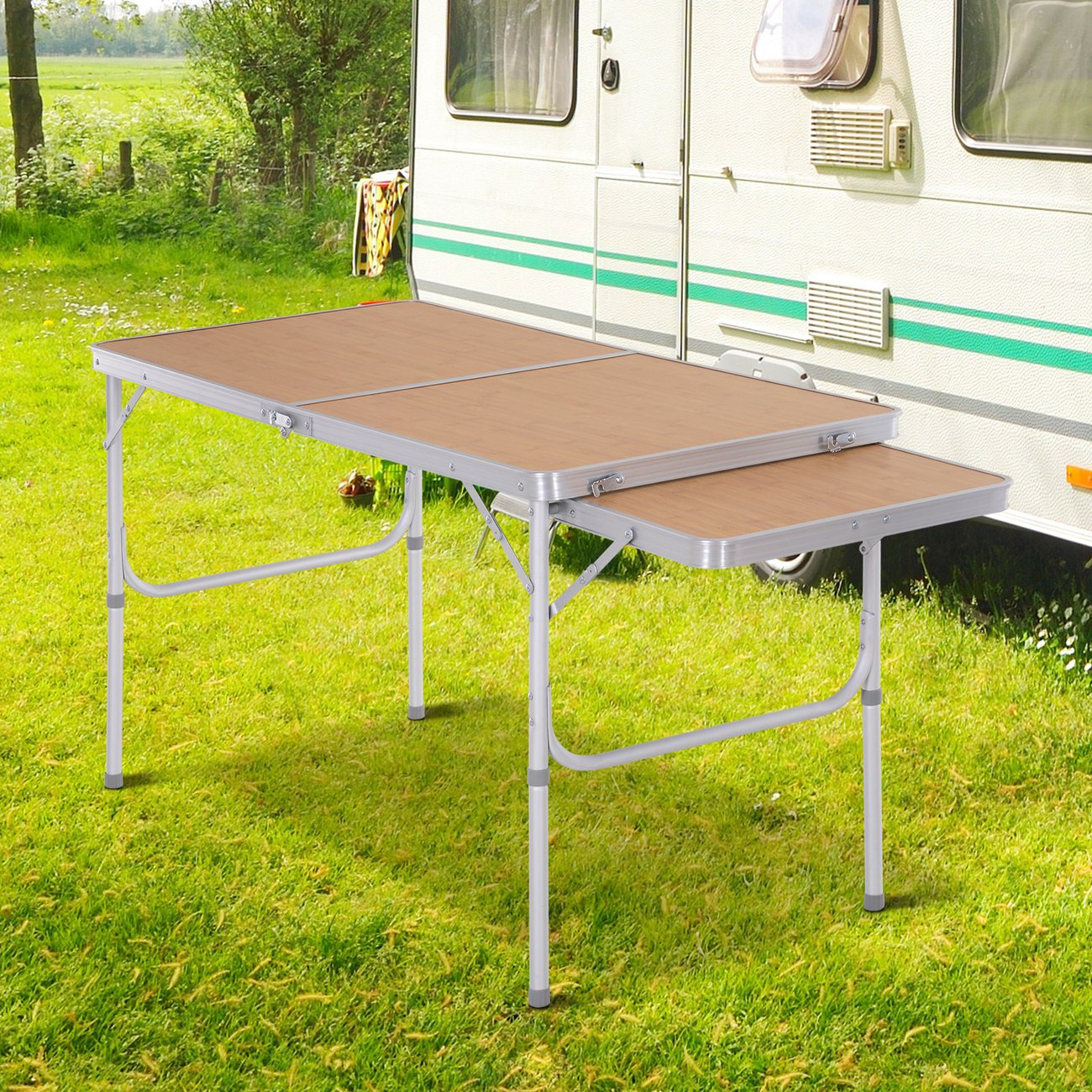 table pliante table de camping table de jardin avec rallonge hauteur reglable aluminium mdf imitation bambou 2 v4