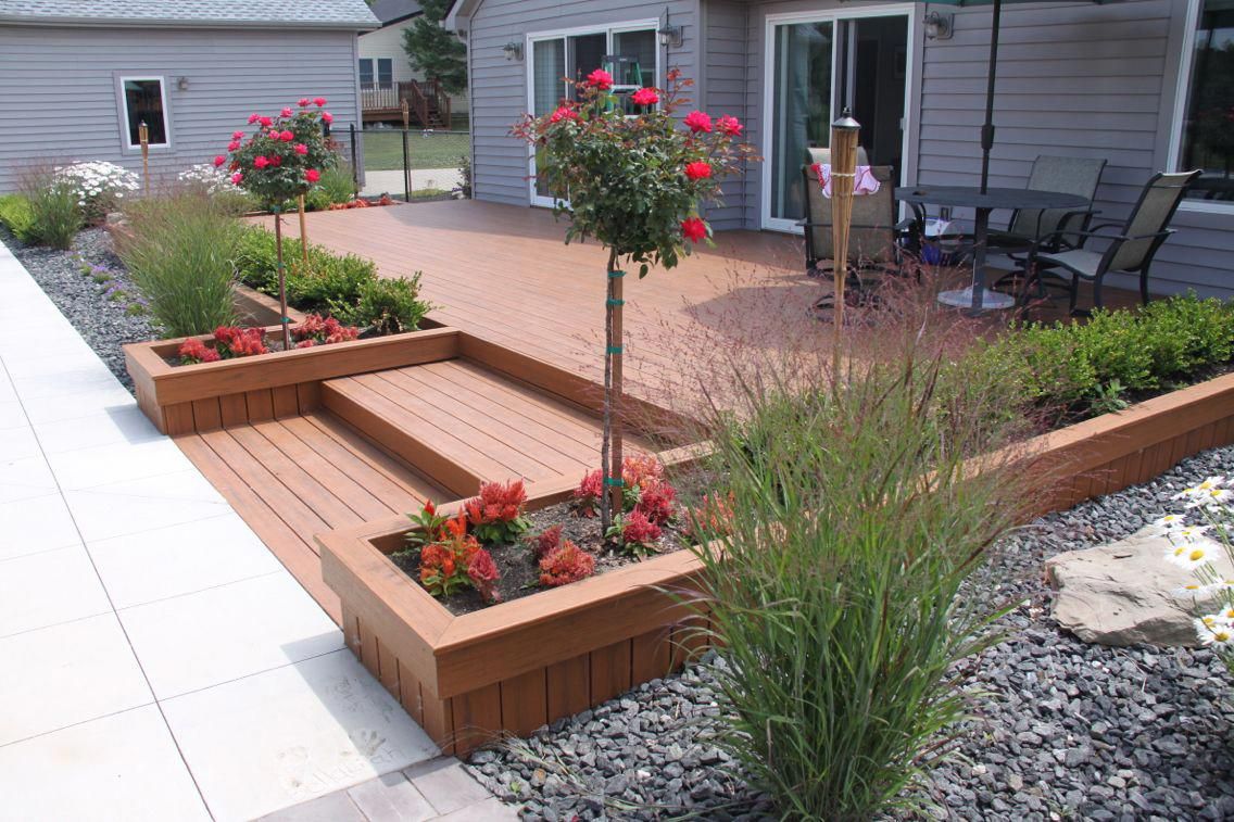 Terrasse Jardin Bois Élégant Deck Planter Boxes with Tree form Rose Boxwood Hedge