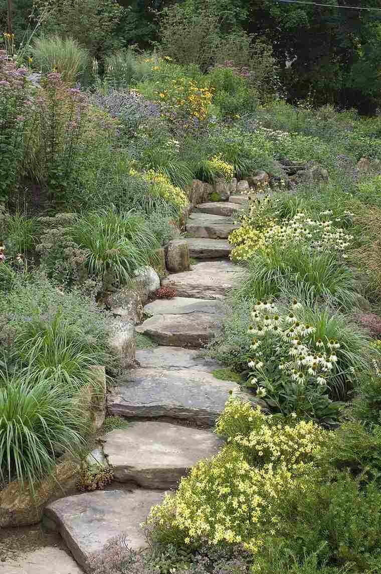 petite allee de jardin pente escaliers pierre bordure fleurs