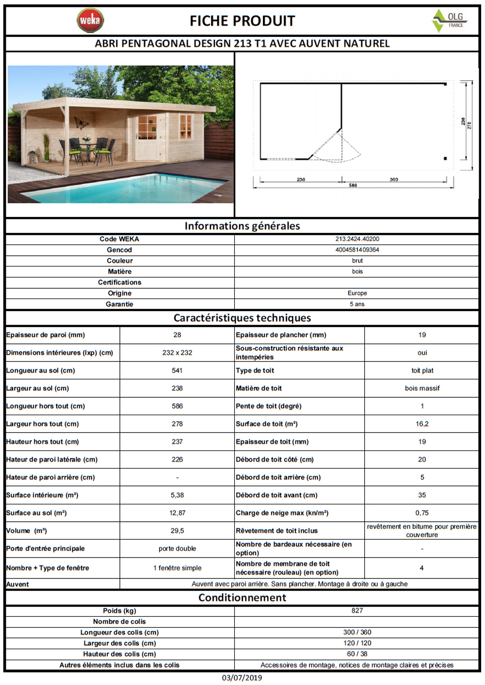 abri de jardin design weka 213 28mm 566m avec auvent 300 cm 238x541 cm