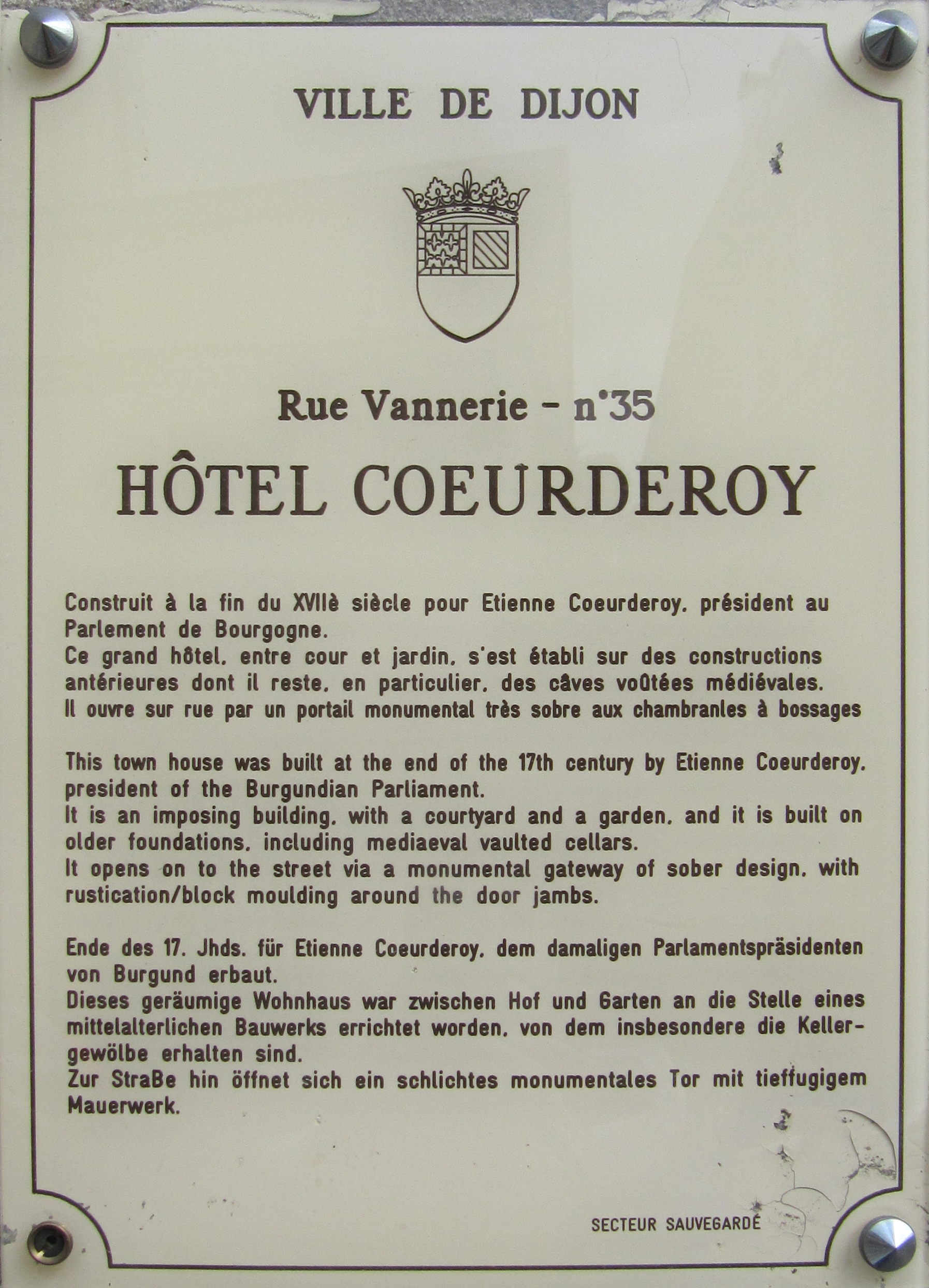 File Dijon Hotel Coeurderoy plaque information